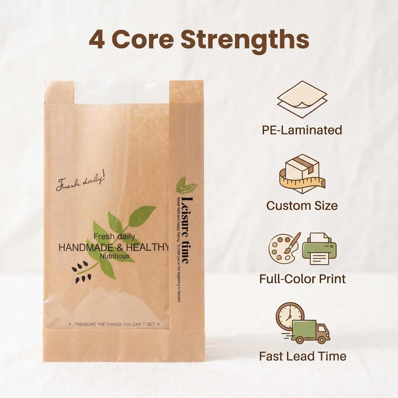 PE-laminated bread bag key features - grease-proof, moisture barrier and full-colour print PE-laminated bread bag key features - grease-proof, moisture barrier and full-colour print