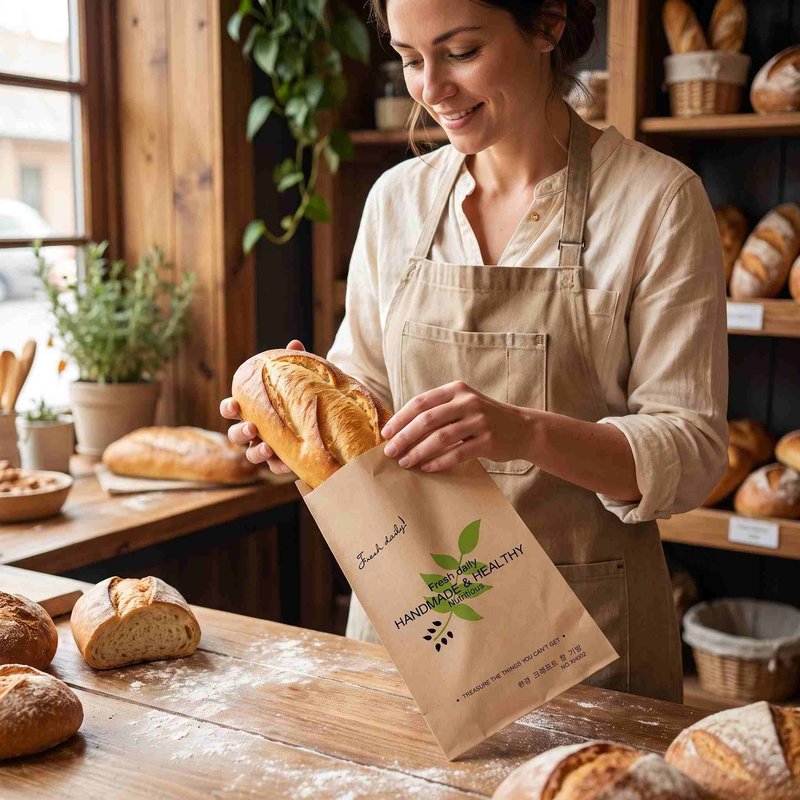 Baker packing fresh bread into PE-laminated paper bag Baker packing fresh bread into PE-laminated paper bag