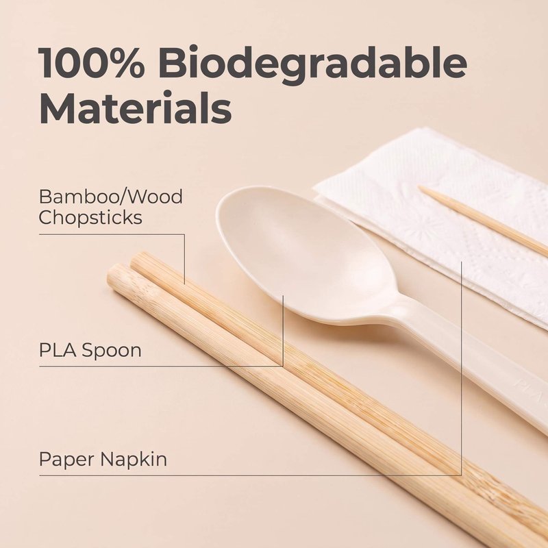 Custom Four-Piece Biodegradable Cutlery Kit – Chopsticks, PLA Spoon, Napkin, Toothpick - image 3