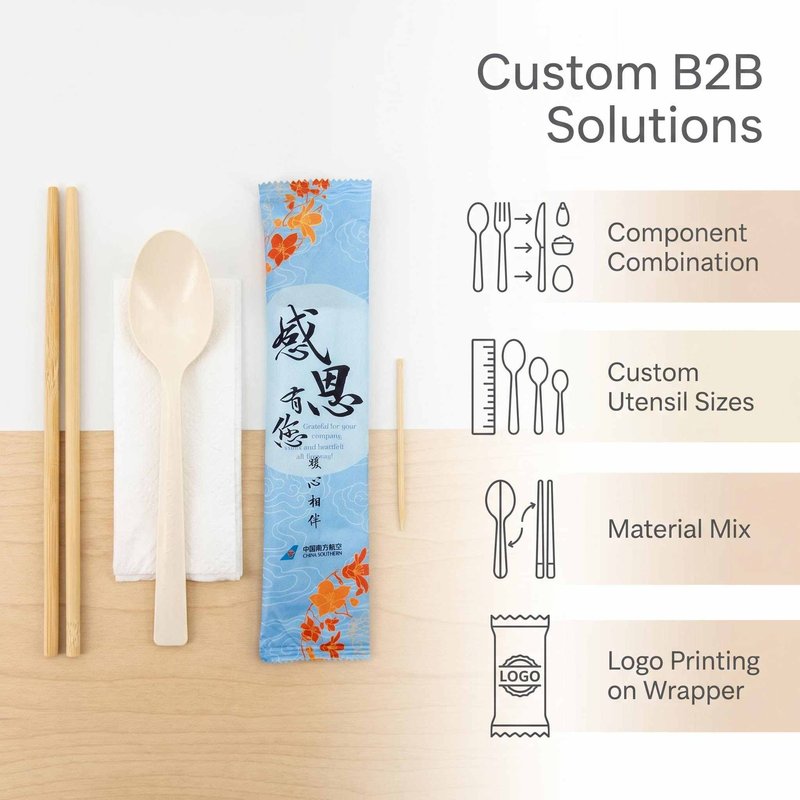 Custom Four-Piece Biodegradable Cutlery Kit – Chopsticks, PLA Spoon, Napkin, Toothpick - image 4