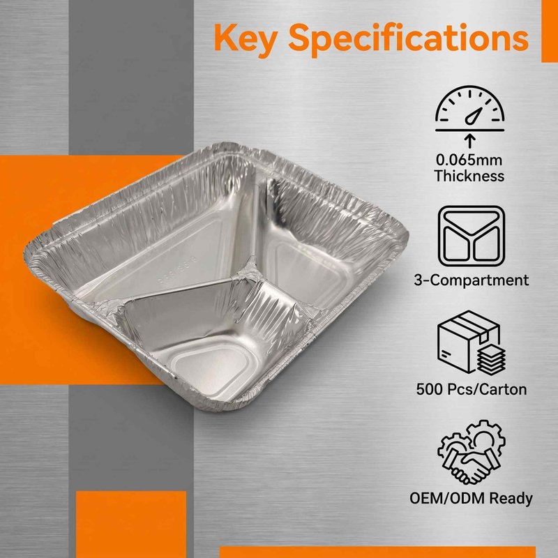 Three-Compartment Rolled-Rim Aluminum Foil Meal Container 227×178mm – Bulk OEM - image 2