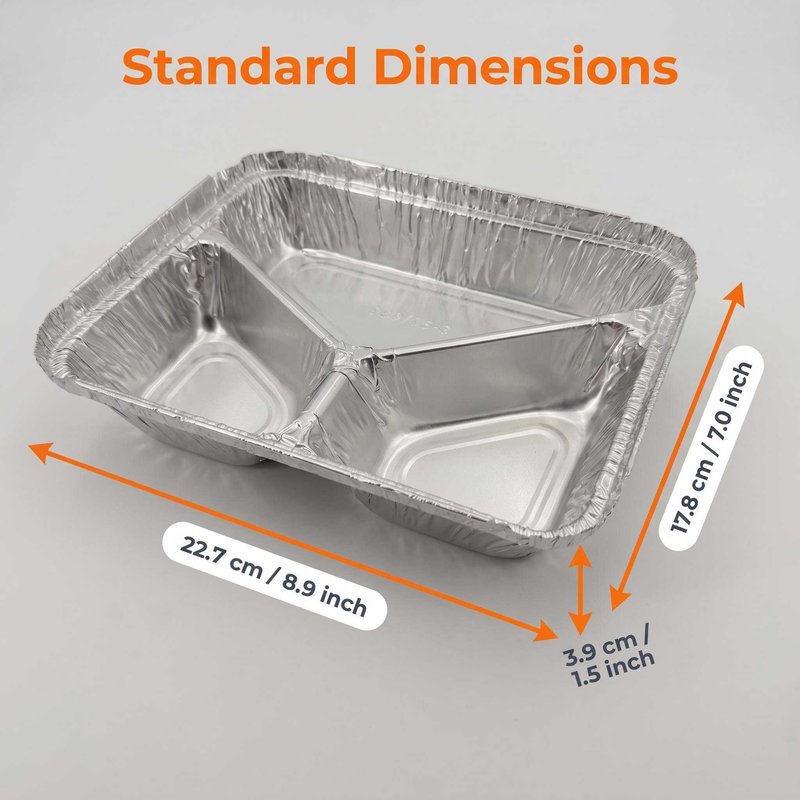 Three-Compartment Rolled-Rim Aluminum Foil Meal Container 227×178mm – Bulk OEM - image 3