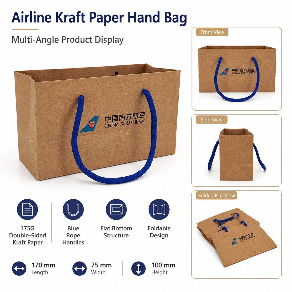 Compact 170x75x100mm airline kraft paper hand bag on aircraft meal tray - flat-bottom stable design for inflight catering