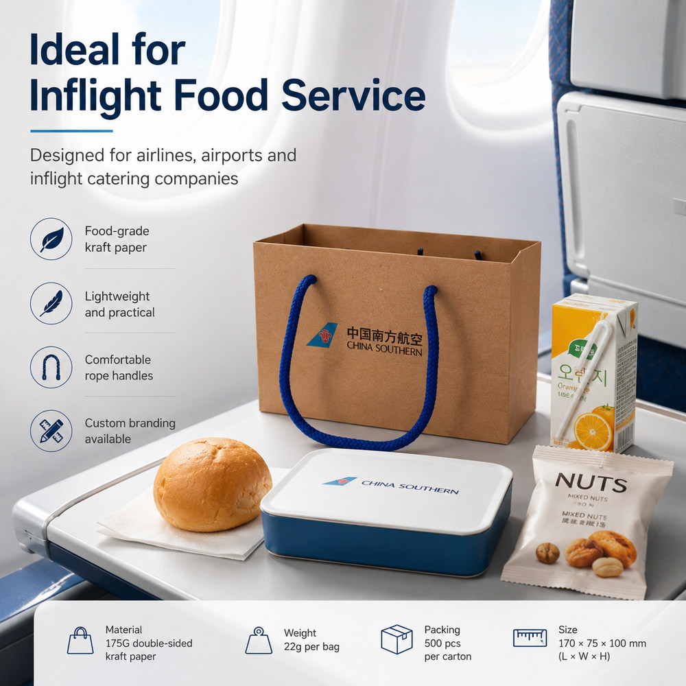 Airline kraft paper carry bag with blue rope handle - durable flat bottom for meal boxes and snacks