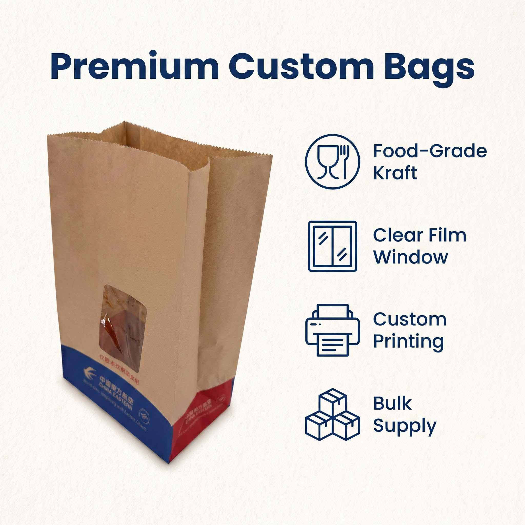 Custom windowed kraft paper bag bulk supply – 60g food-grade, clear display window, snack packaging