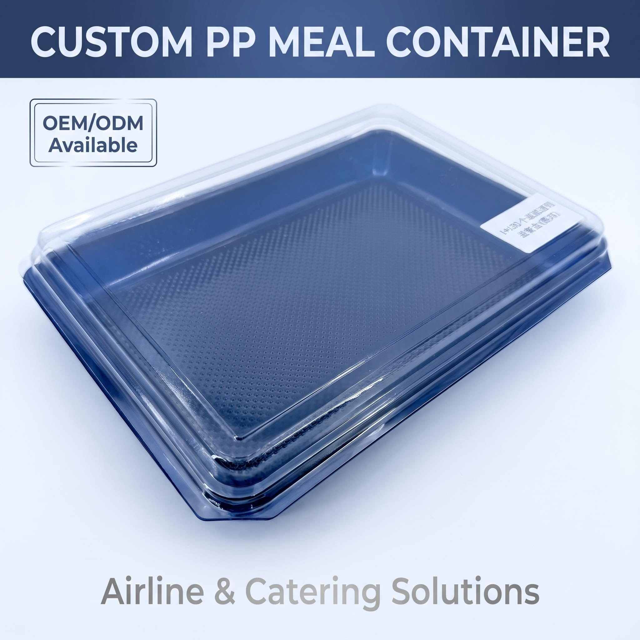 Blue base PP plastic airline meal tray with clear snap-fit lid shown on a clean white background.