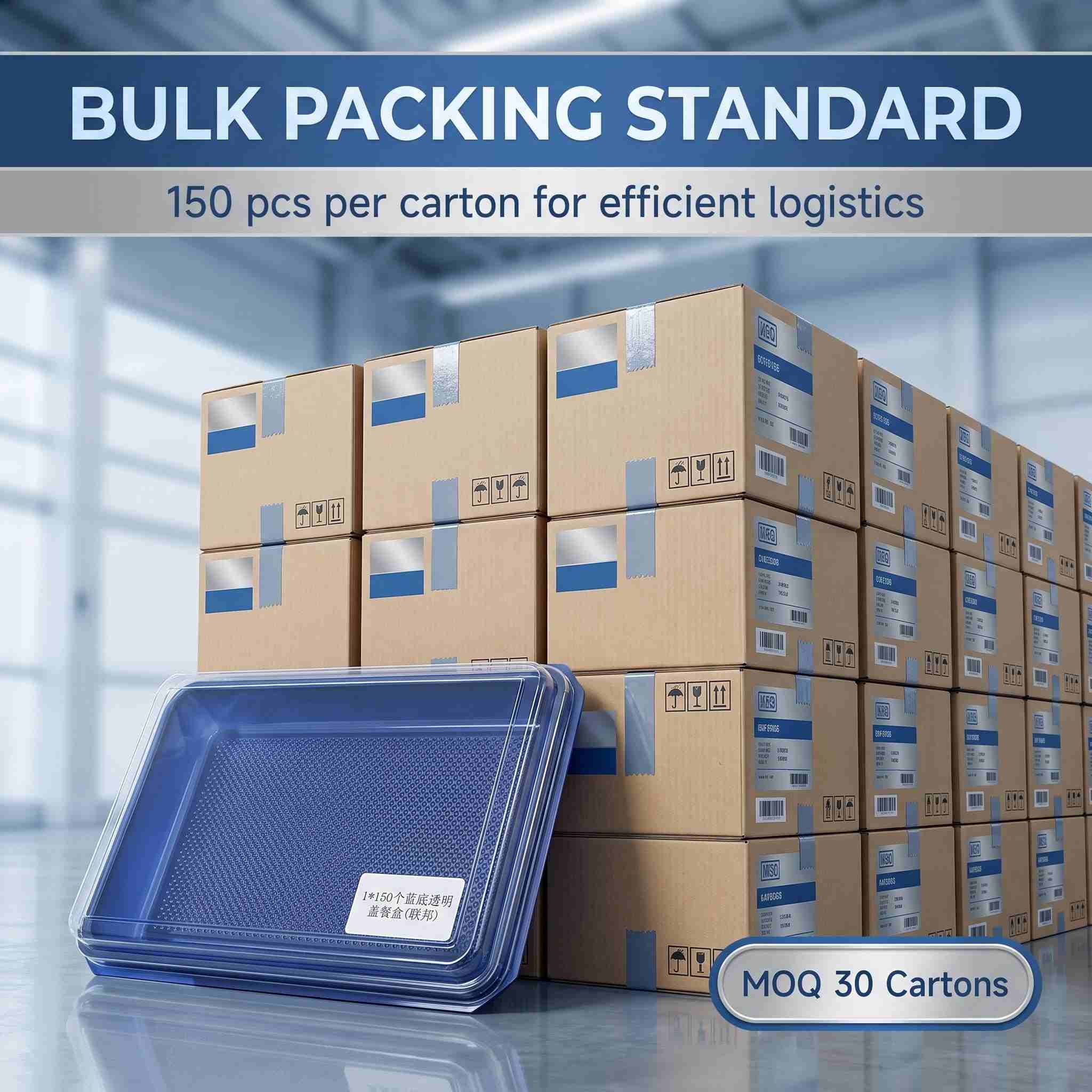 Blue base PP meal containers organized on a standard airline service tray, showcasing efficient cabin use.