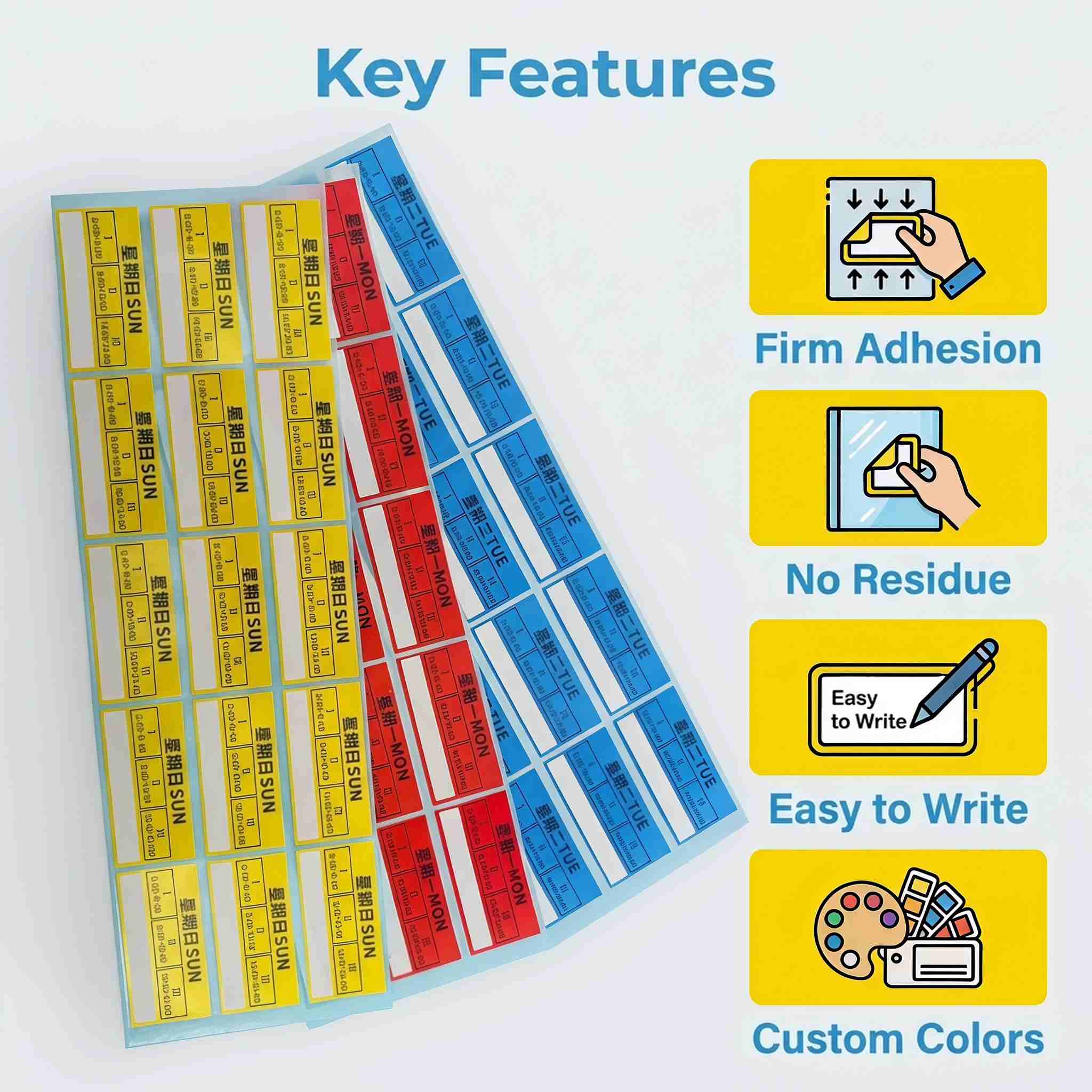 Day-of-the-week removable labels key advantages - color coding, no residue, quick identification Day-of-the-week removable labels key advantages - color coding, no residue, quick identification