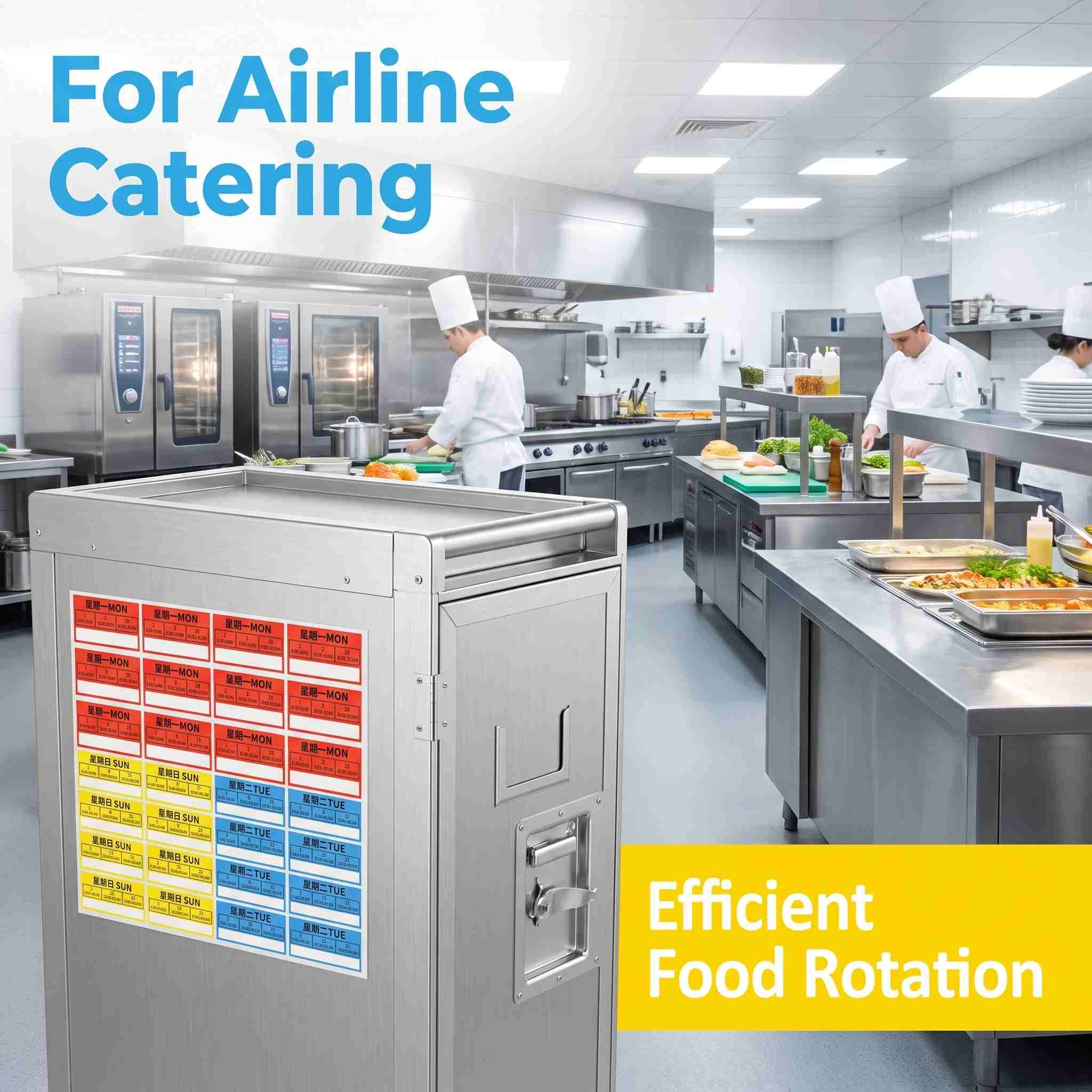 Day-of-the-week removable labels applied in airline catering batch control Day-of-the-week removable labels applied in airline catering batch control
